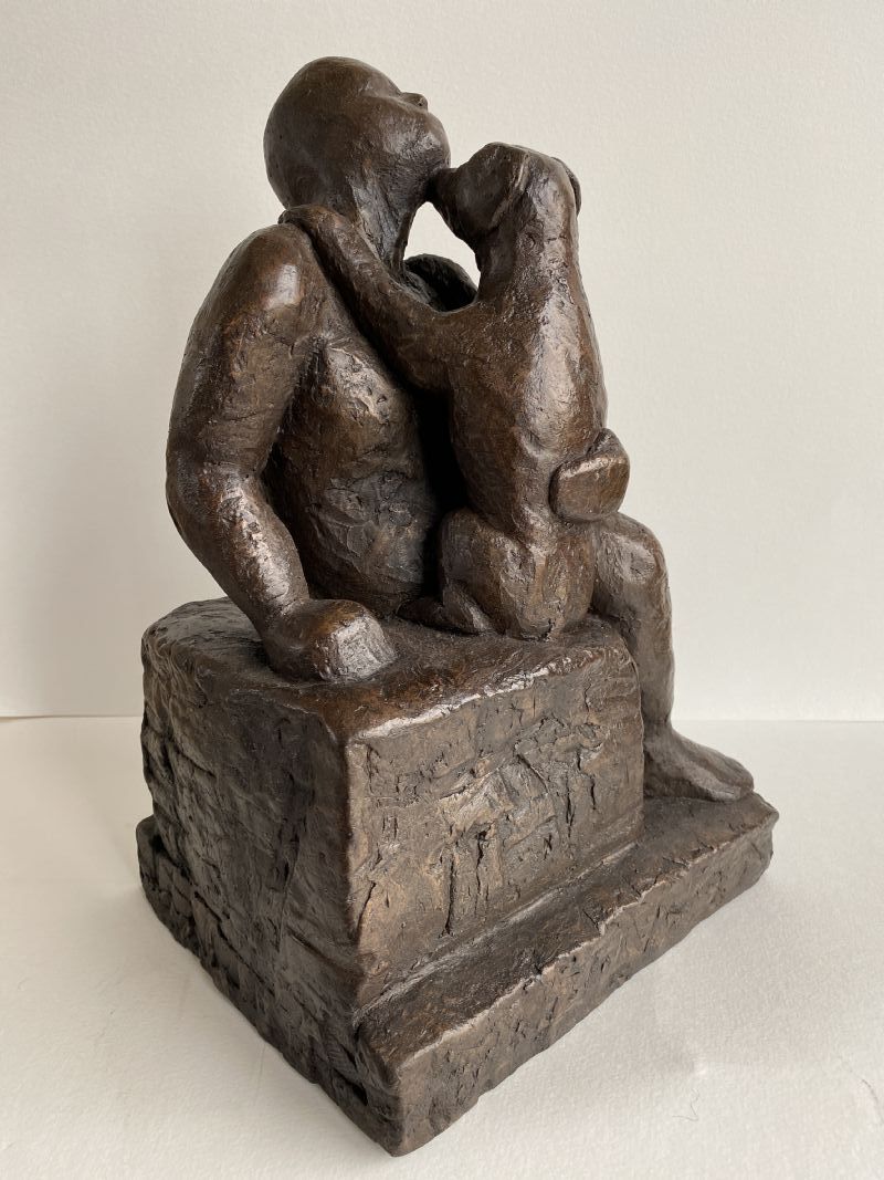 sculpture bronze resin man and dog